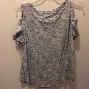 Grey striped tank with off-shoulder short sleeves